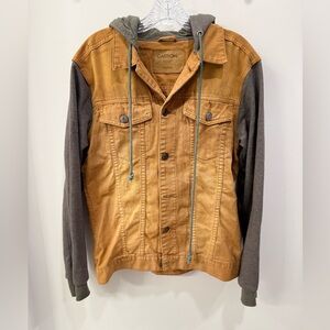 Carbon Tan Denim Jacket Men’s Medium with soft sleeves and hood. Lightweight.